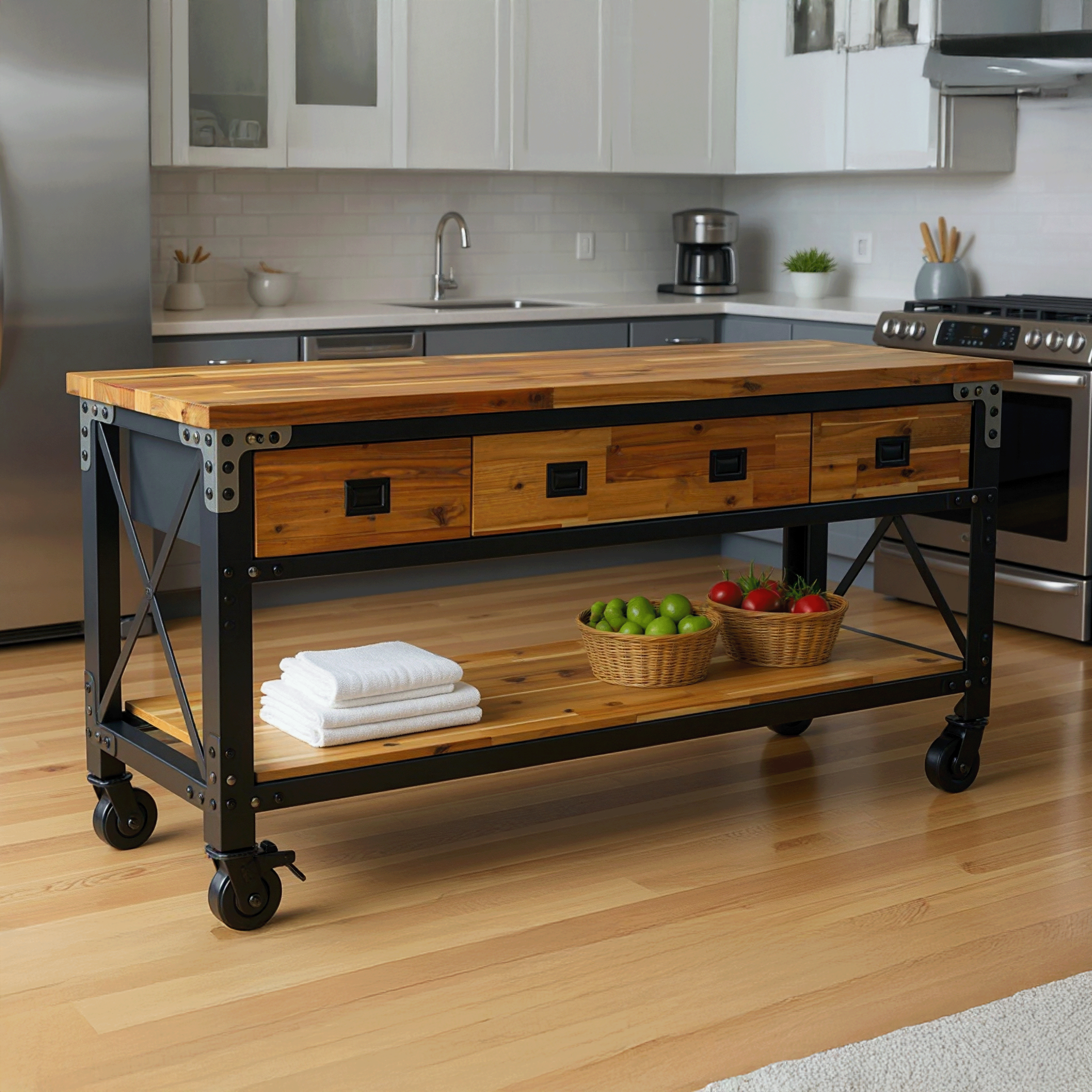 Duramax Darby 72" Industrial Metal & Wood Kitchen Island Desk with Drawers