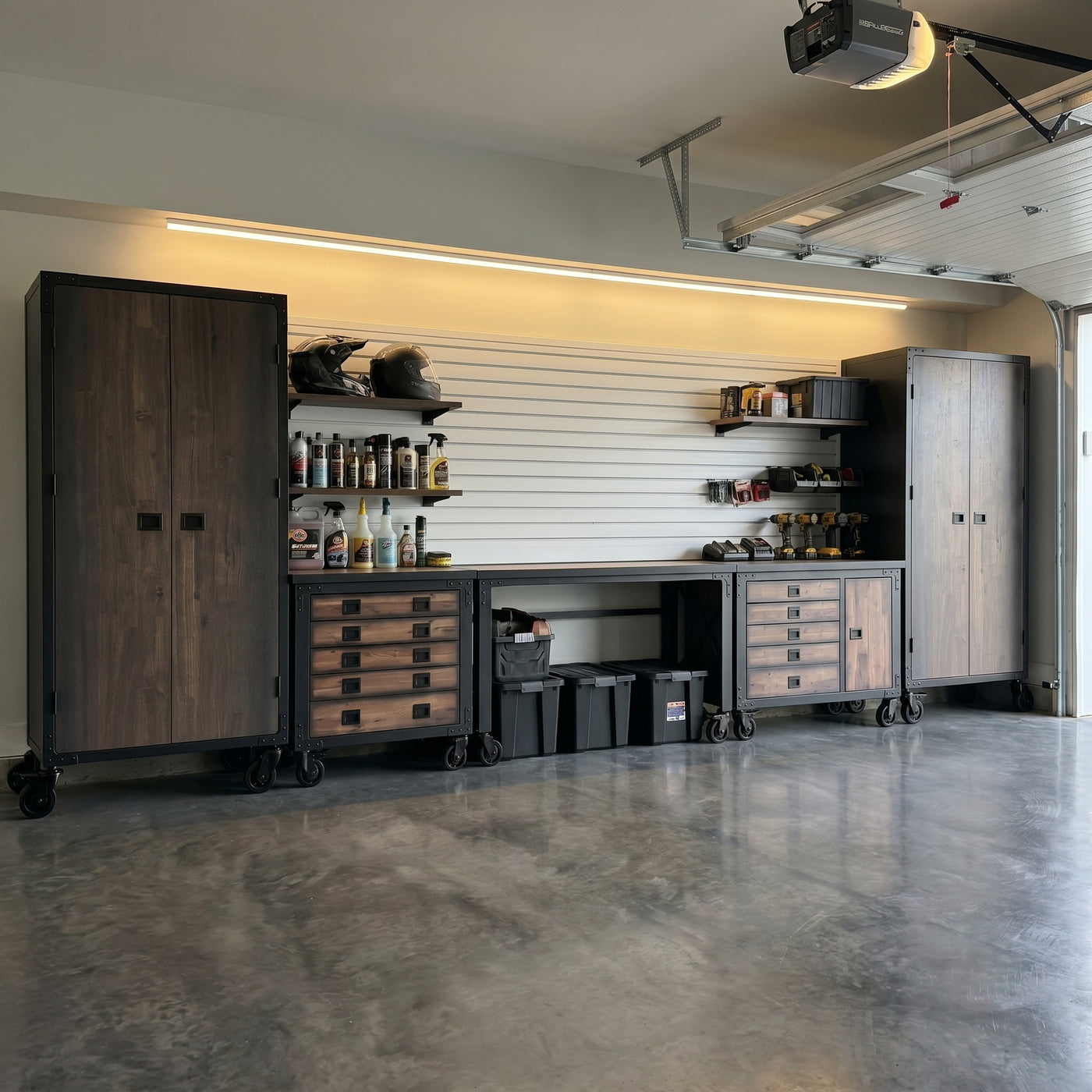 Duramax garage workshop with rolling workbench and tool chests