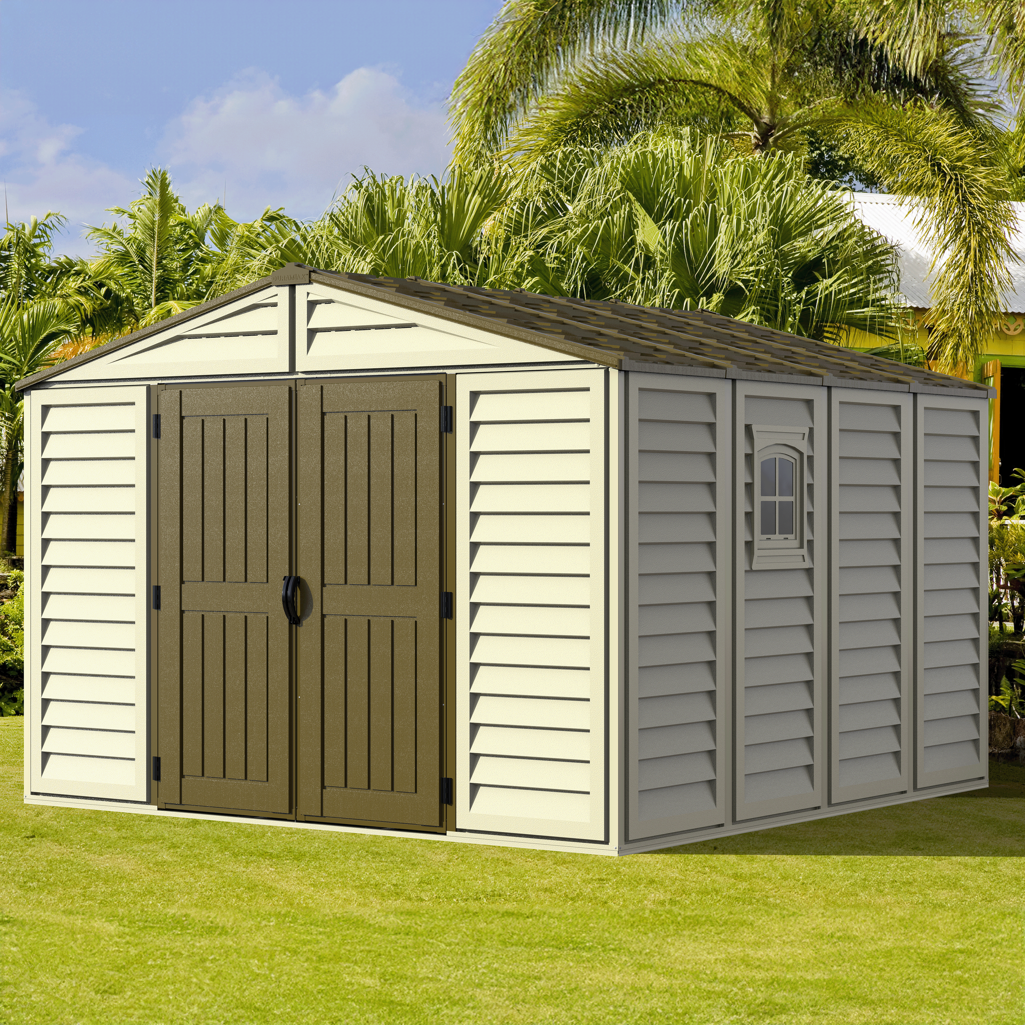 Duramax sheds DuraMax 10.5ft x 10.5 ft Woodbridge Plus Vinyl Shed w/ Foundation Kit & Window