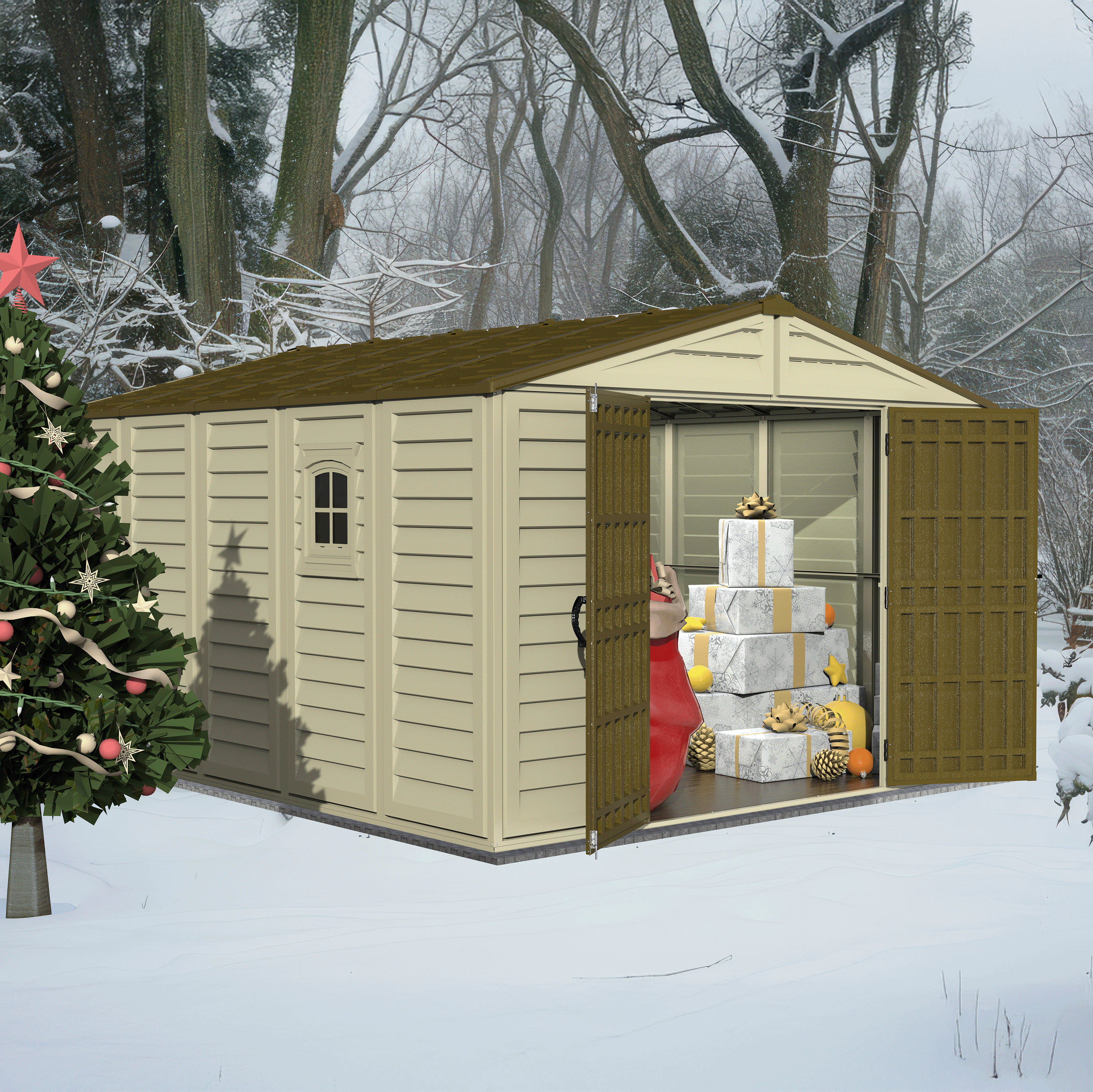 Duramax sheds DuraMax 10.5ft x 13ft  Woodbridge Plus Vinyl Shed w/ Foundation Kit & Window