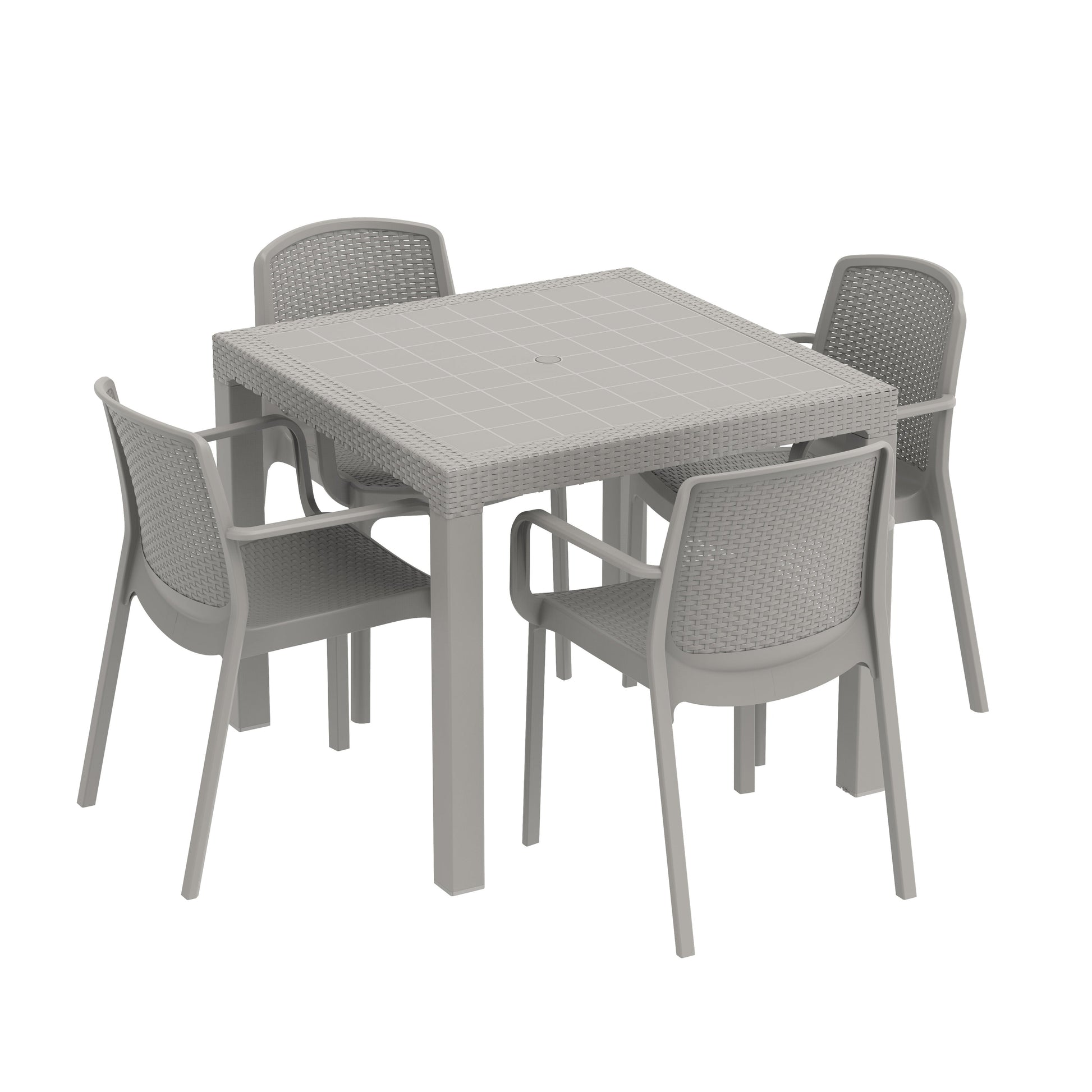 Durasheds Duramax Rattan Square Table with 4 Duramax Chairs for the Backyard, Garden and Patio (2 Colors)