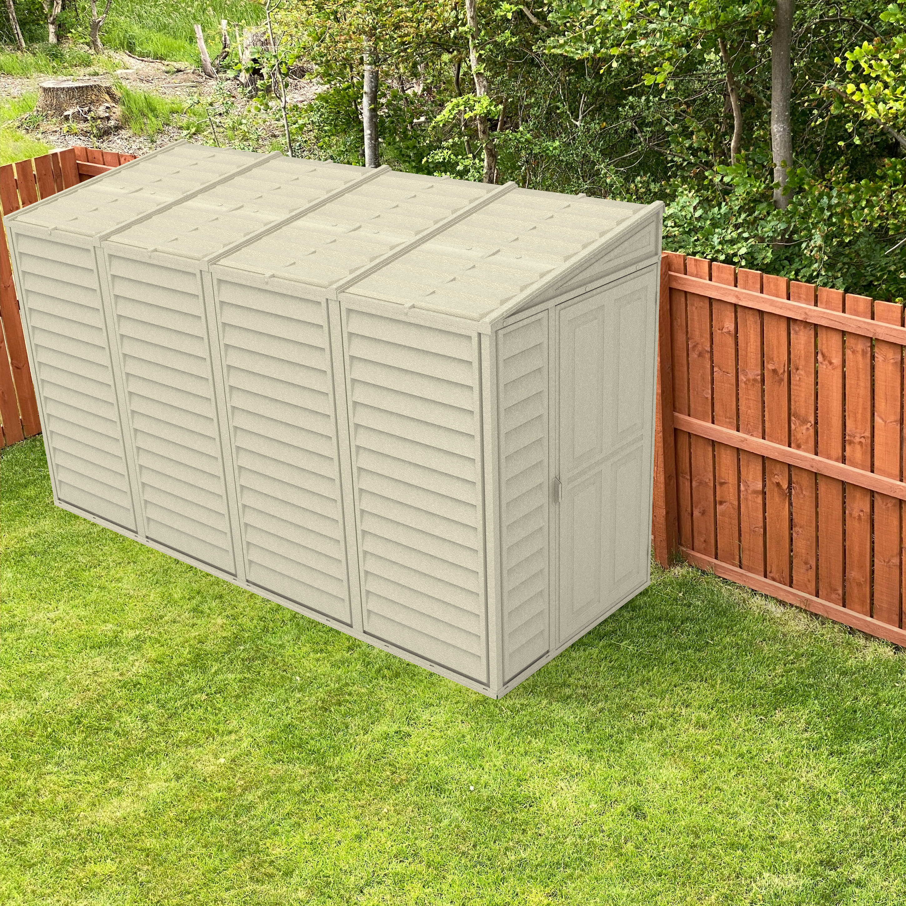 Duramax Sidemate Vinyl Resin Shed in a backyard