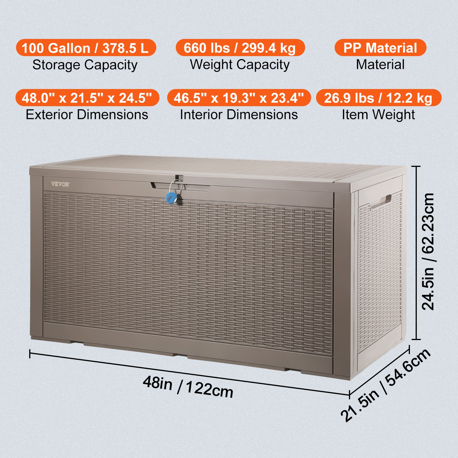 Vevor Deck Box 100 Gal VEVOR Deck Box, 100 Gallon Outdoor Storage Box, 48.0" x 21.5" x 24.5", Waterproof PP Deckbox with Aluminum Alloy Padlock, for Patio Furniture, Pool Toys, Garden Tools, Outdoor Cushions, Gray
