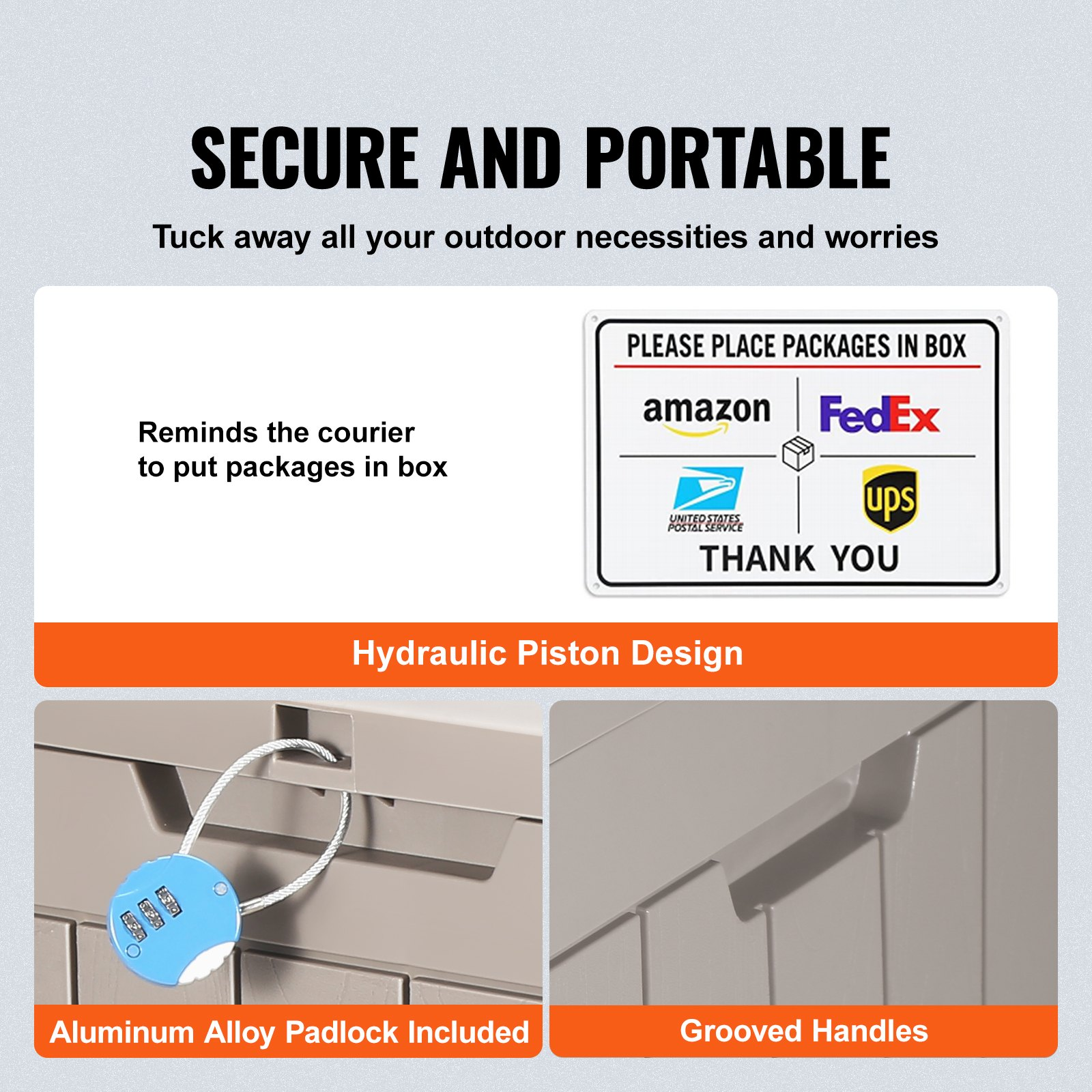 Vevor Deck Box 31 Gal VEVOR Deck Box, 31 Gallon Outdoor Storage Box, 22.1" x 17.1" x 20.9" , Waterproof PP Deckbox with Aluminum Alloy Padlock, for Patio Furniture, Pool Toys, Garden Tools, Outdoor Cushions, Gray