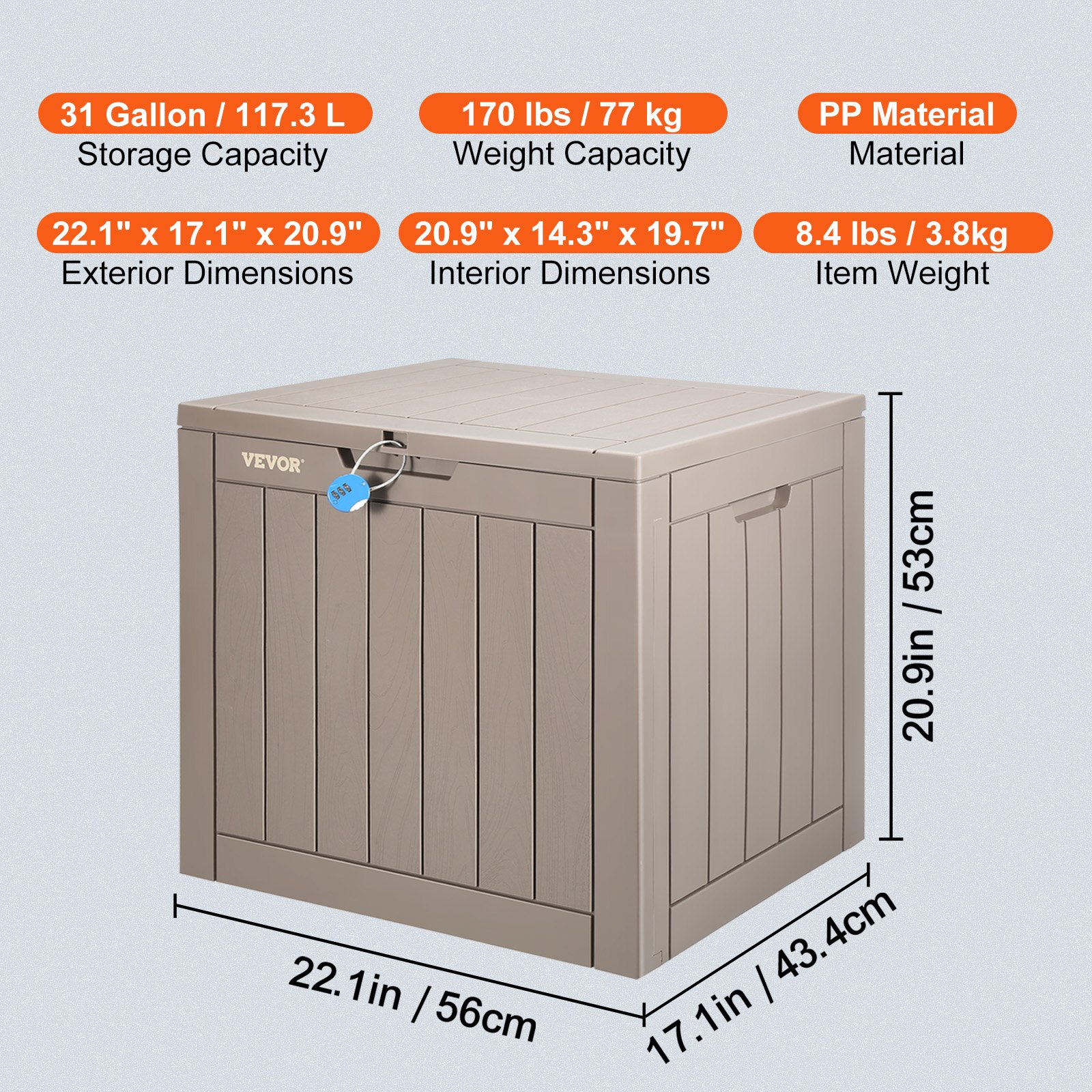 Vevor Deck Box 31 Gal VEVOR Deck Box, 31 Gallon Outdoor Storage Box, 22.1" x 17.1" x 20.9" , Waterproof PP Deckbox with Aluminum Alloy Padlock, for Patio Furniture, Pool Toys, Garden Tools, Outdoor Cushions, Gray